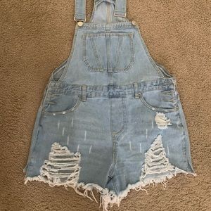 Distressed Denim Overall Shorts